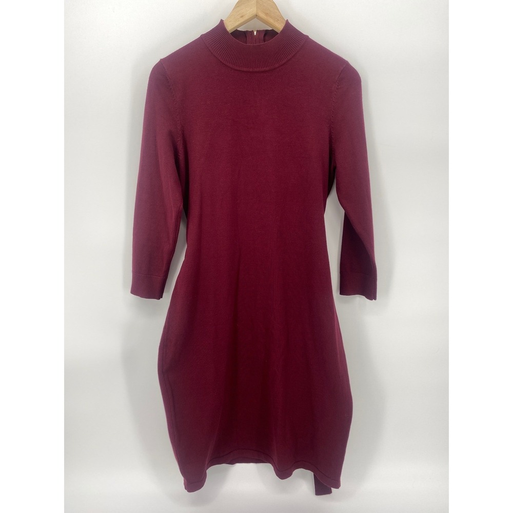 Calvin Klein Sweater Dress Womens Medium Burgundy Mock Neck Tie w/ Belt